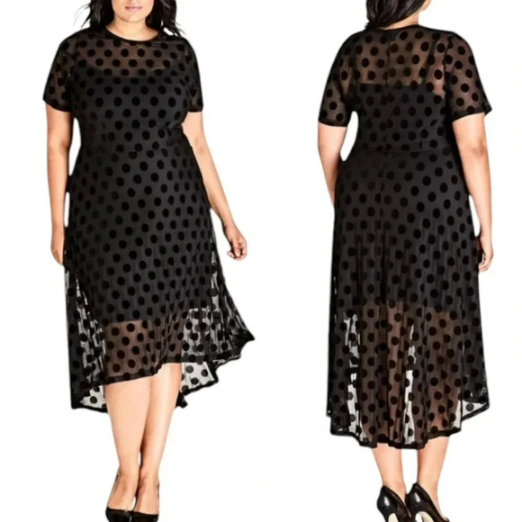 City Chic Plus Size Spot Flock Black Mesh Hi Low Midi Size 14 NWT - Picture 1 of 14